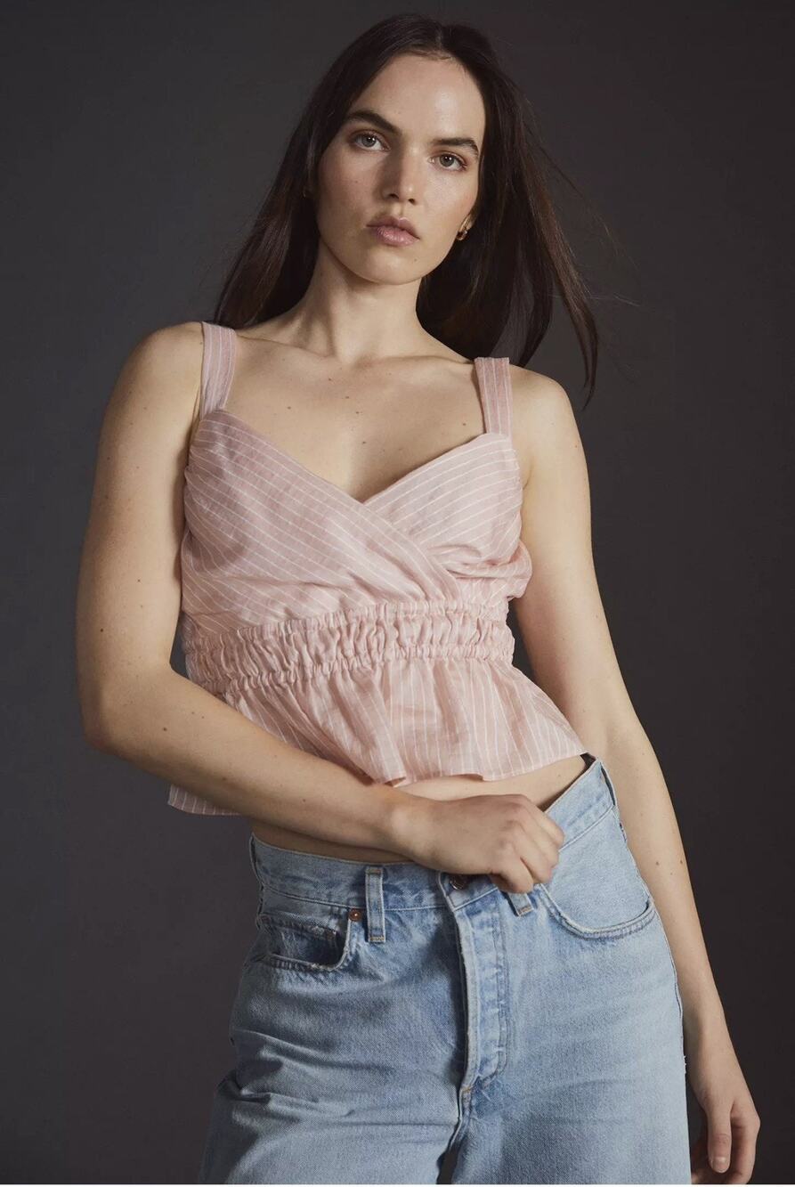 NWT Anthropologie Maeve Shirred Peplum Tank Top L Blush Pink Stripe Linen Blend
